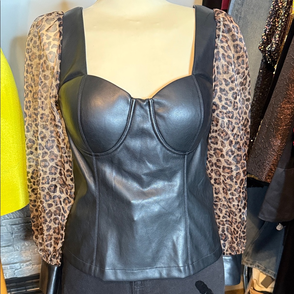 Marc New York Black Faux Leather Bustier with Leopard Print Sheer Sleeves